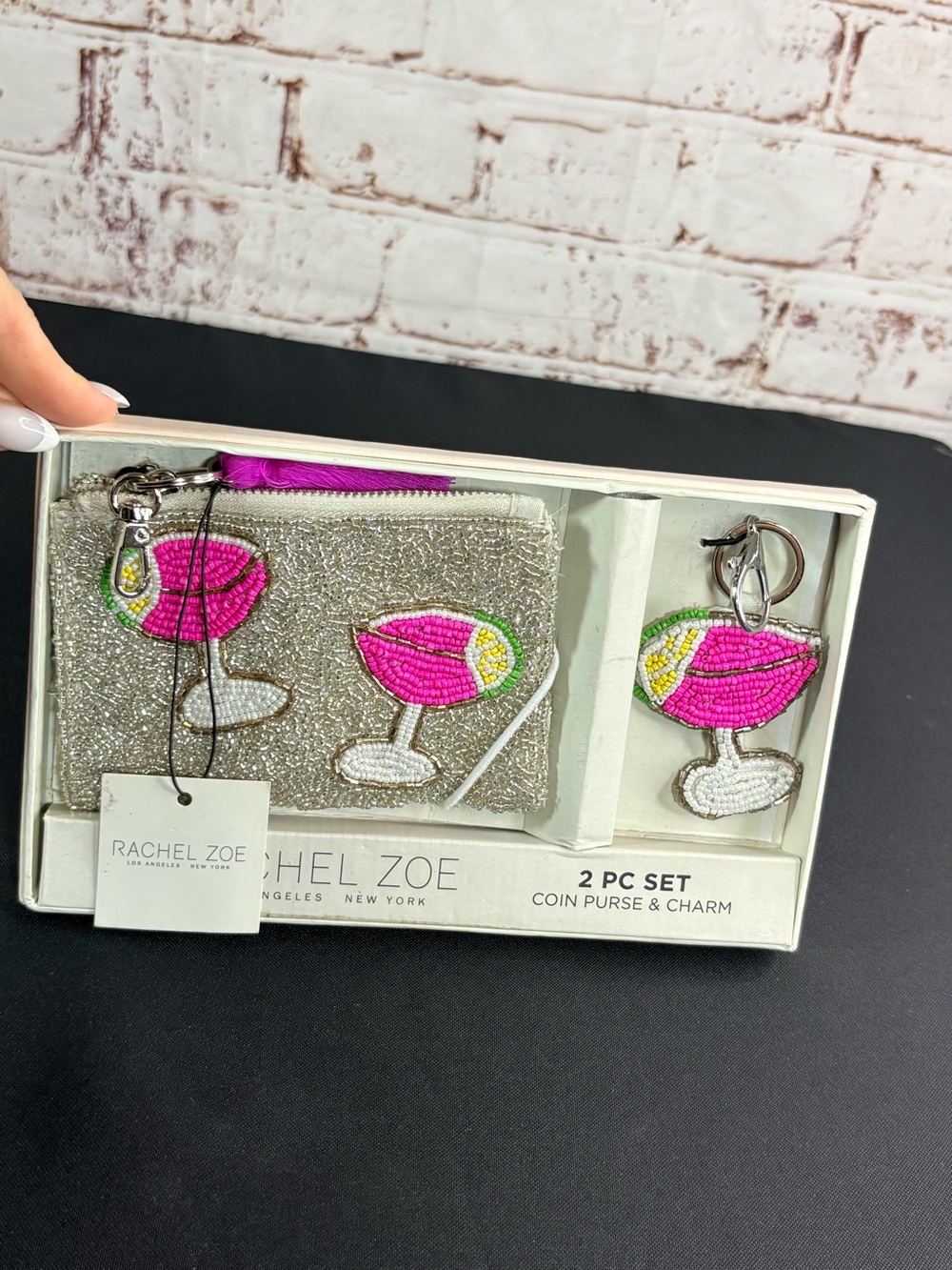 Rachel Zoe Pink & Silver Beaded Coin Purse with Cocktail Charm